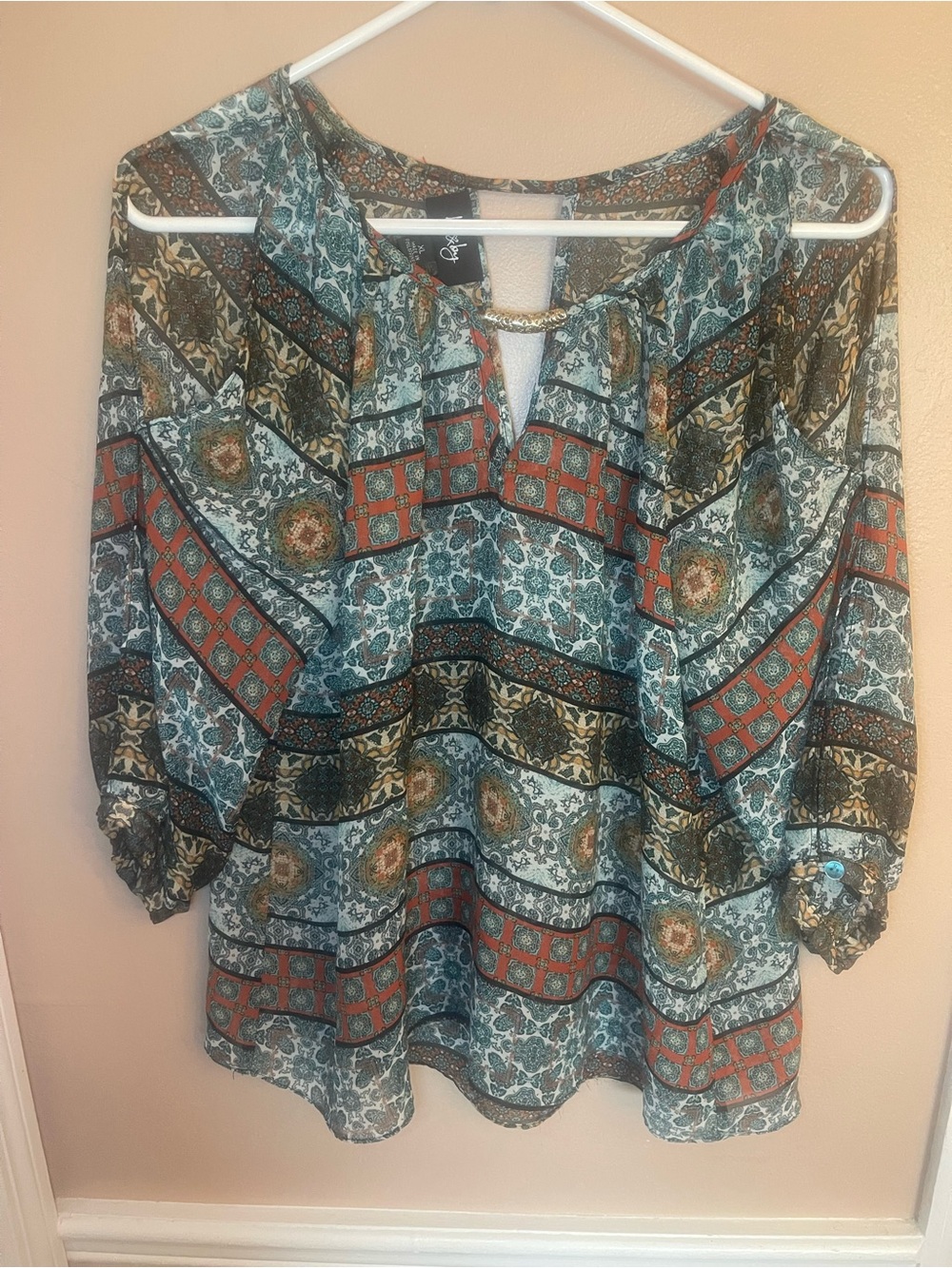Boho Print Peasant Blouse - Teal Multi